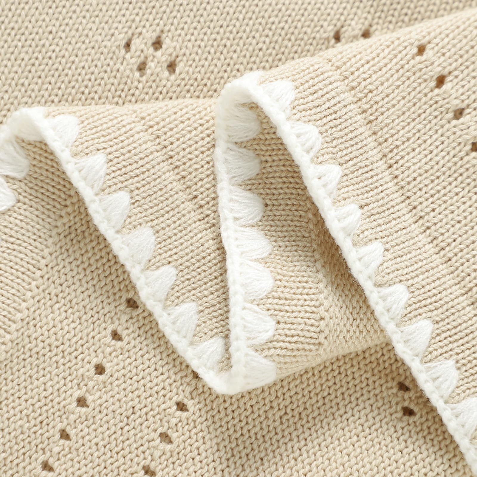 Coperta per neonati in 100% cotone, lavorata a maglia, morbida, lavorata all'uncinetto, per neonati, ragazze, bambini, con bordo adorabile (cammello)