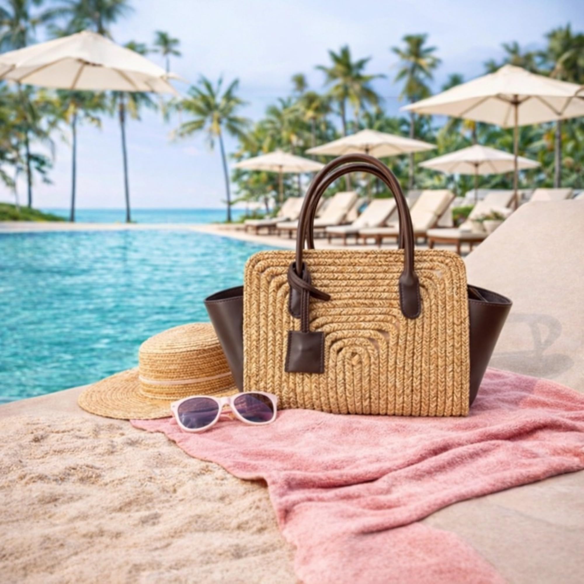 Amalfi Bolso de mano de rafia para mujer, bolso de verano trenzado con detalles de piel sintética, elegante bolsa de playa para verano y uso diario, bolso mediano 22 x 30 x 15 cm
