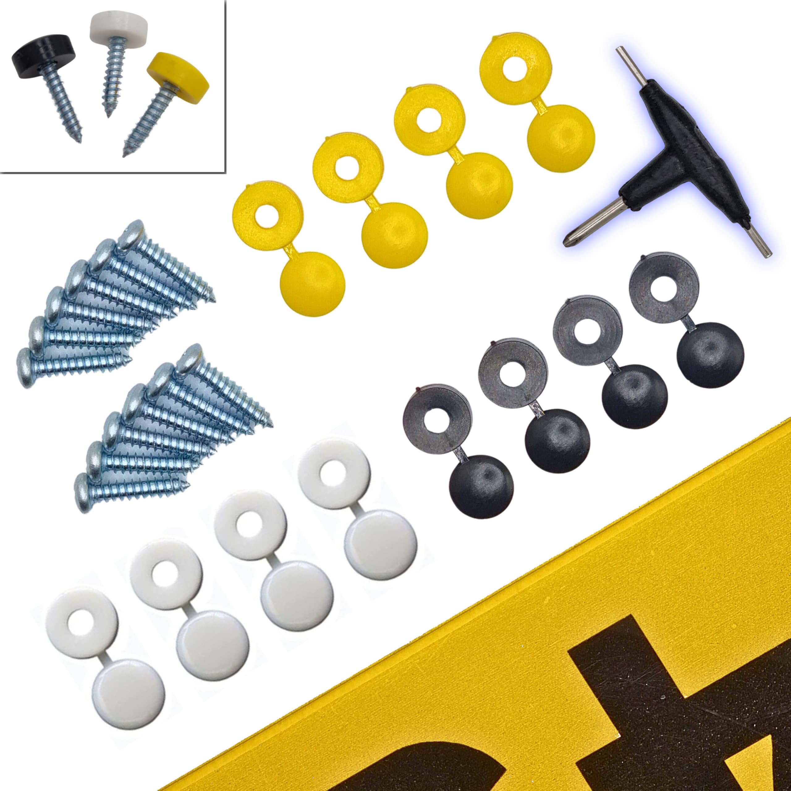 Kit Tappi Targa Universale Kit Fissaggio Targhe Auto - 6 Viti E Tappini In Acciaio Inox, Colori Nero, Bianco, Giallo Fissaggio Targa Auto Moto