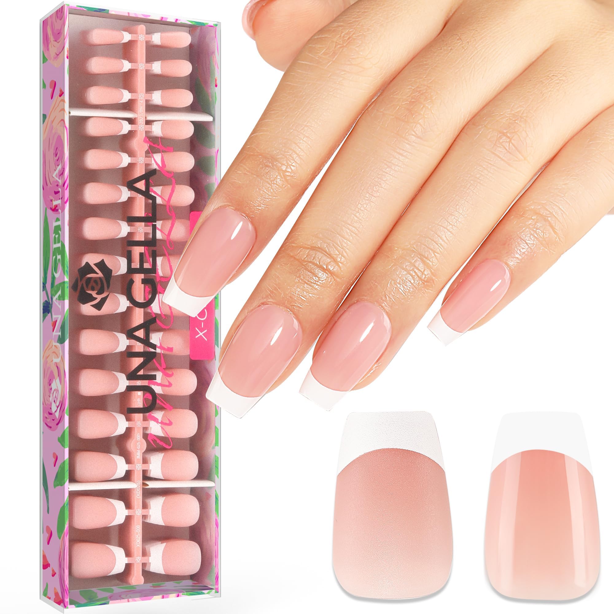 UNA GELLA French Gel Nails - 150Pcs Soft Gel Short Coffin French Nail Tips 3IN1 Pre-buff French Tip Nails Saving Design, Press On Nails 15 Sizes Ultra Fit for Home DIY Salon for Her