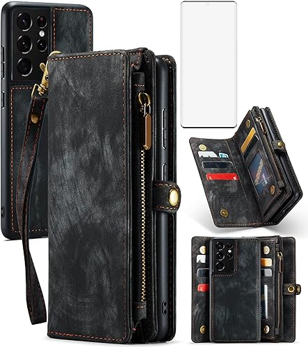 Asuwish Funda de teléfono para Samsung Galaxy S21 Ultra Glaxay S21ultra 5G con cremallera, protector de pantalla de vidrio templado y tarjetero