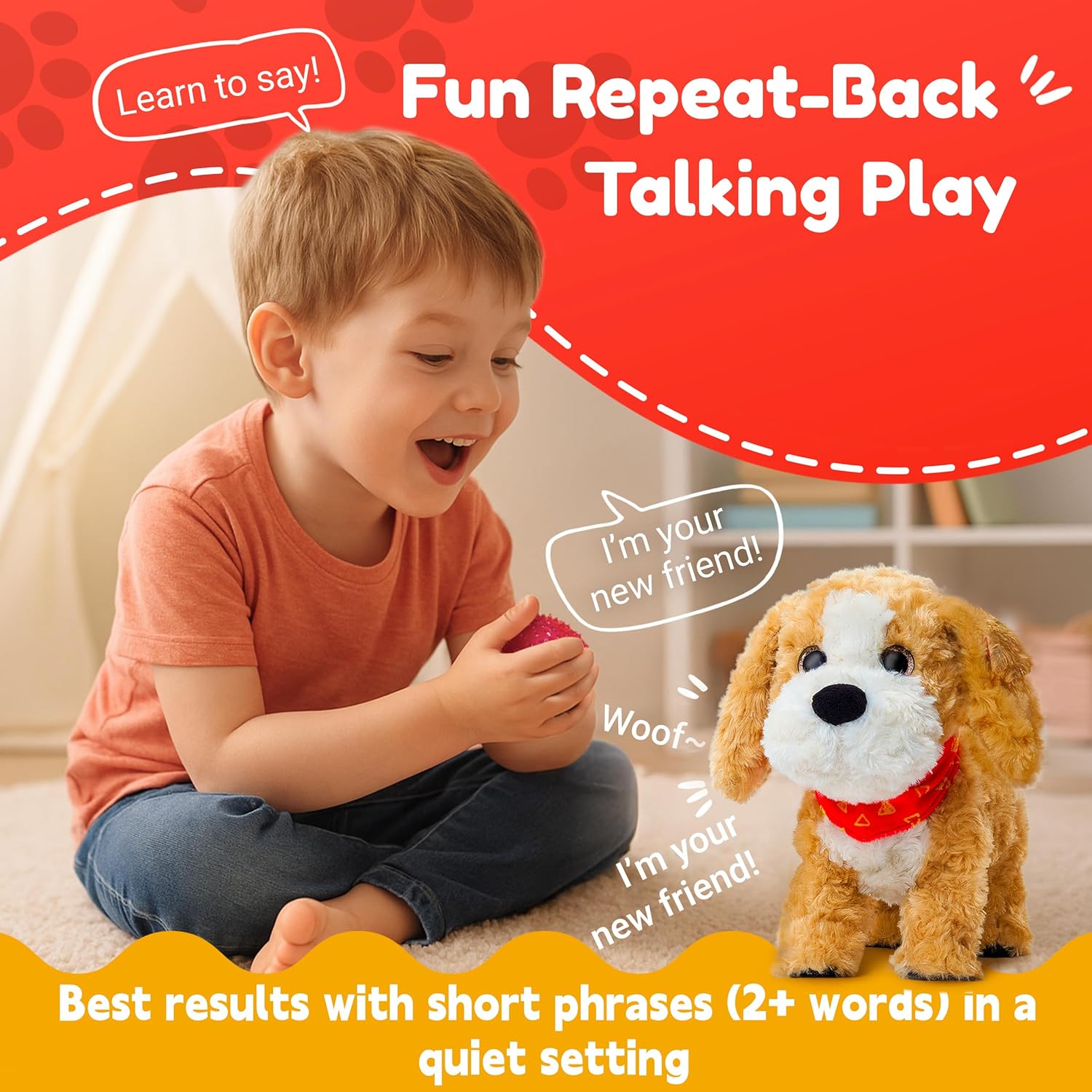 JoyCat Interactive Plush Puppy for Kids 3-5, Talking Stuffed Dog with Simple Voice Prompts, Repeat-Back Recording, Head Touch Response, Short-Step Walking, Barking & Tail Wagging, Gift for Boys Girls