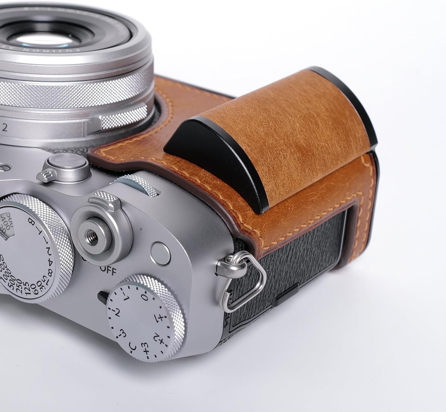 Handmade Genuine Leather Camera Half Case for Fujifilm X100VI/Fujifilm X100VI Case - Top Layer Cowhide Body+Hand Sewn Saddle Stitch+Metal Base Plate+Hand Shank (Yellowish Brown)