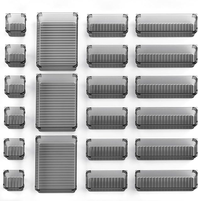 InnoGear Set of 21 Desk Drawer Organiser Trays, Clear Plastic Storage Boxes Divider Make-up Organiser for Kitchen Bedroom Office (Grey)