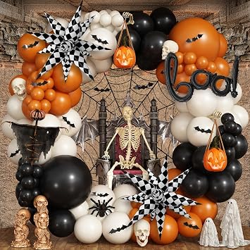 Halloween Balloon Arch Kit, Black Orange White Balloons with 26 Inch Foil BOO 22 Inch Checkered Explosion Star Balloons and 3d Bat Stickers, Black Burnt Orange Sand White Balloon for Halloween Decor