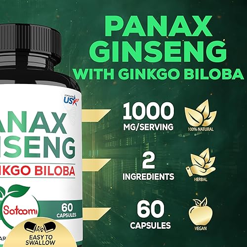 Miniatura 3 de Suplemento de 1000 mg de Panax Ginseng y Ginkgo Biloba rojo coreano, 60 cápsulas veganas, sin gluten, sin OMG, producción de energía, salud