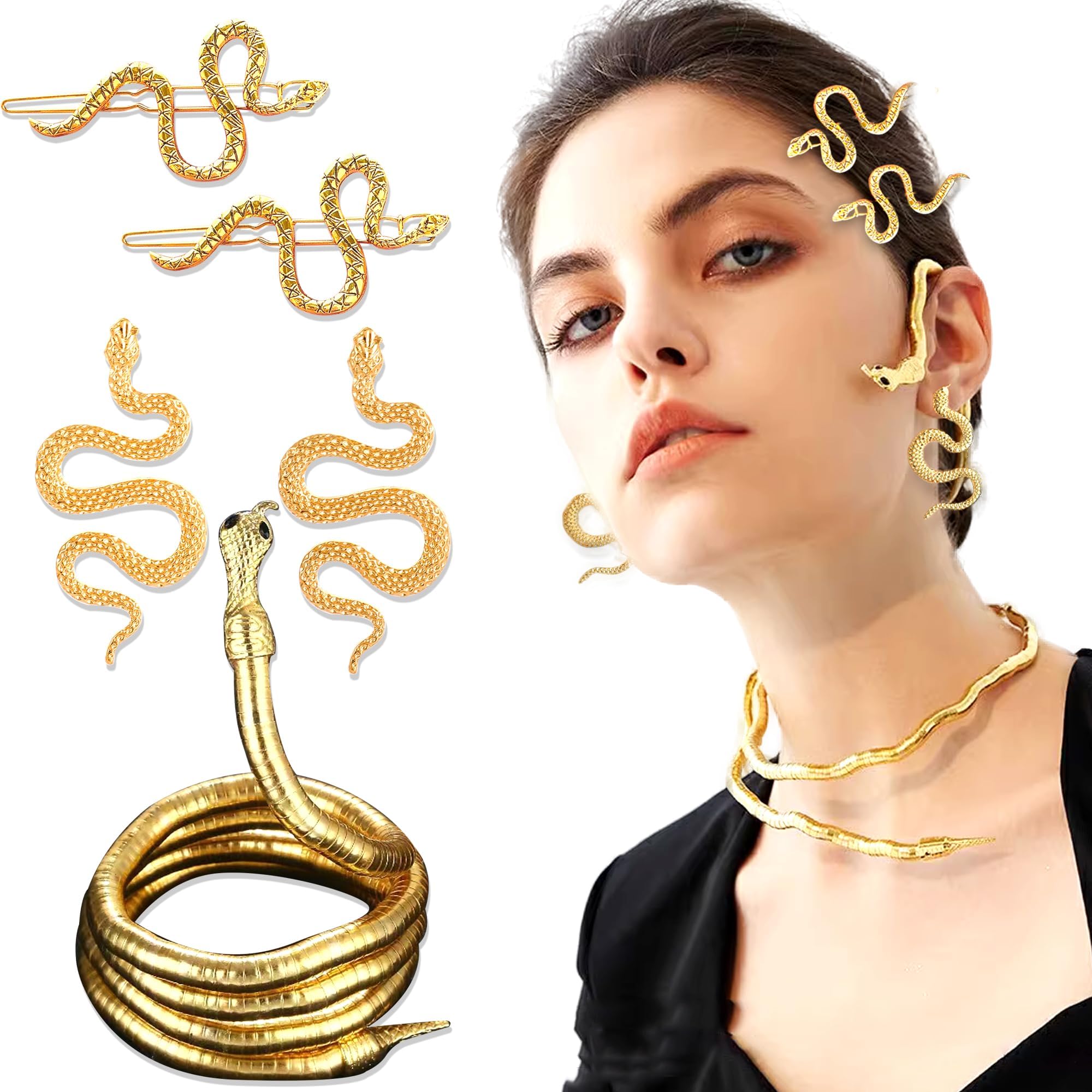 Gold Medusa Necklace Hair Clip Earring Snake Ear Cuff