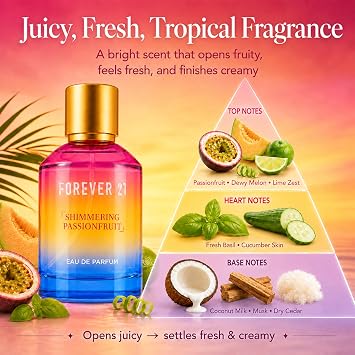 Forever 21 Shimmering Passionfruit Eau de Parfum for Her | Tropical & Fruity Everyday Scent | Perfume w/Passionfruit Top Notes, Fresh Basil Heart, and Coconut Milk Base | 3.4 fl. oz.