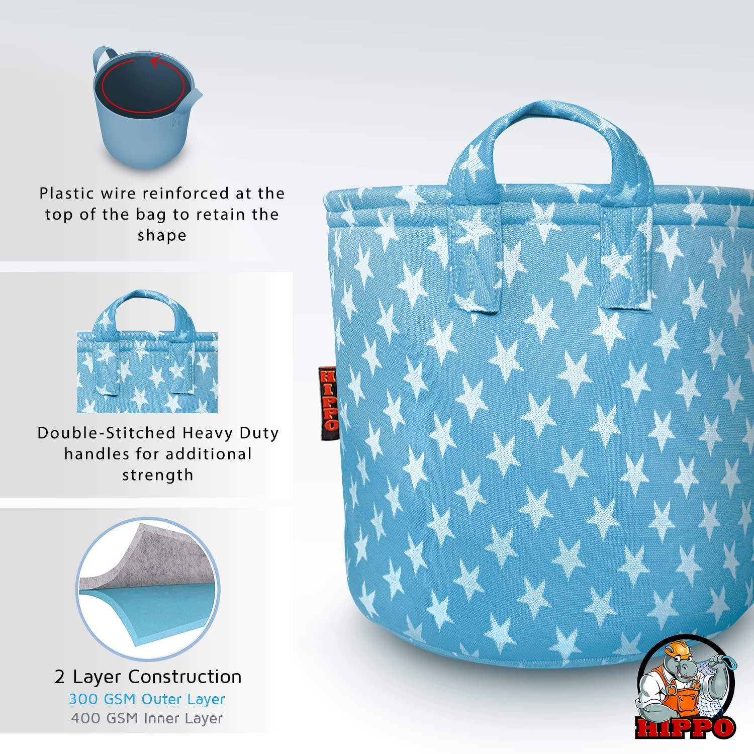HIPPO Designer Non-woven Polyester Cute Baby Toy Bin for Smart Mothers Unbreakable Toy Storage Basket For Babies Laundry Basket Cloth Storage Bin (Blue-Star, Pack of 1) 2