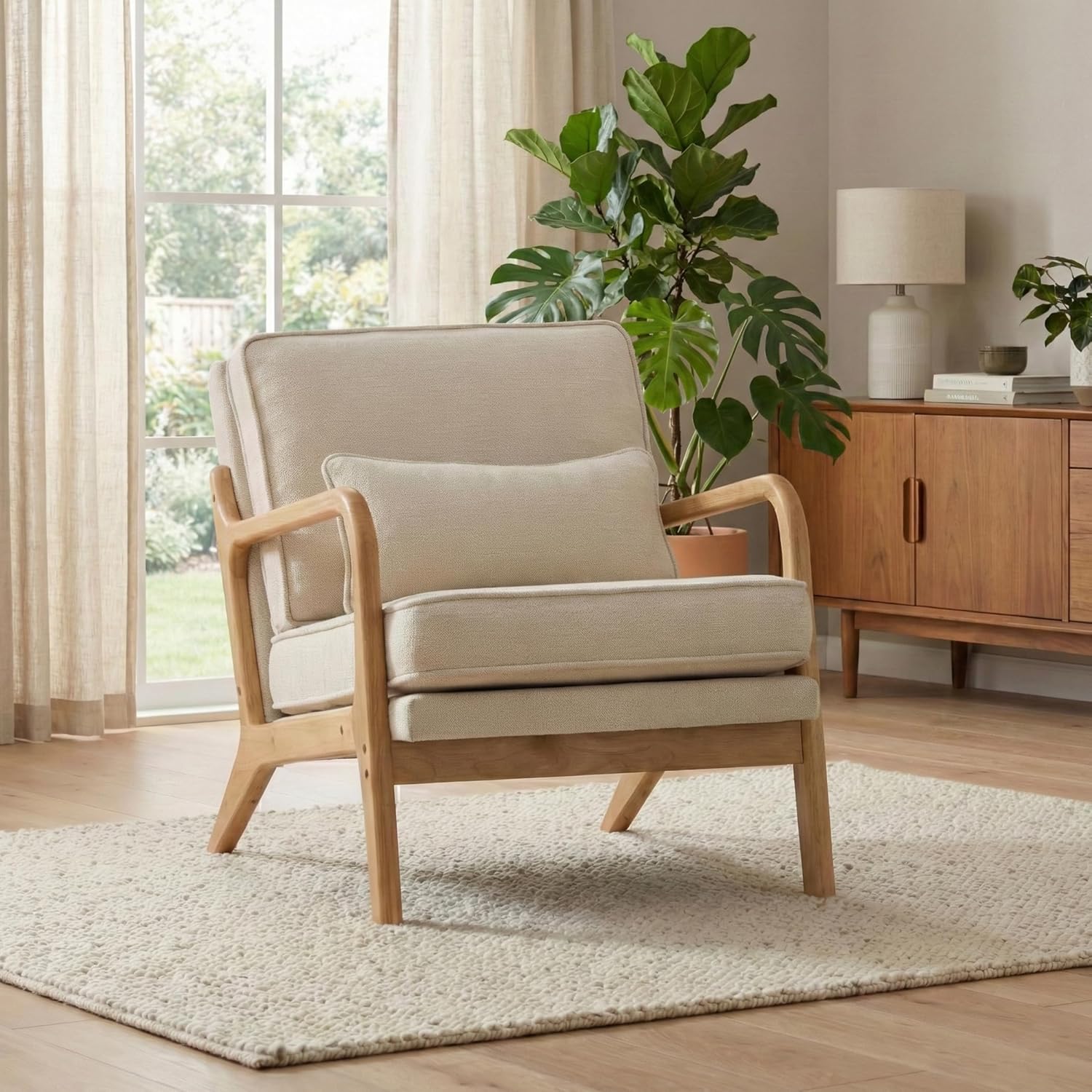 Accent Chairs Set of 2, Mid Century Wooden Modern Upholstered Arm Chair with Lumbar Pillow & Removable Soft Cushion, Reading Chair for Living Room, Bedroom, Balcony,Coffee(Beige/Blue/Green/Grey)