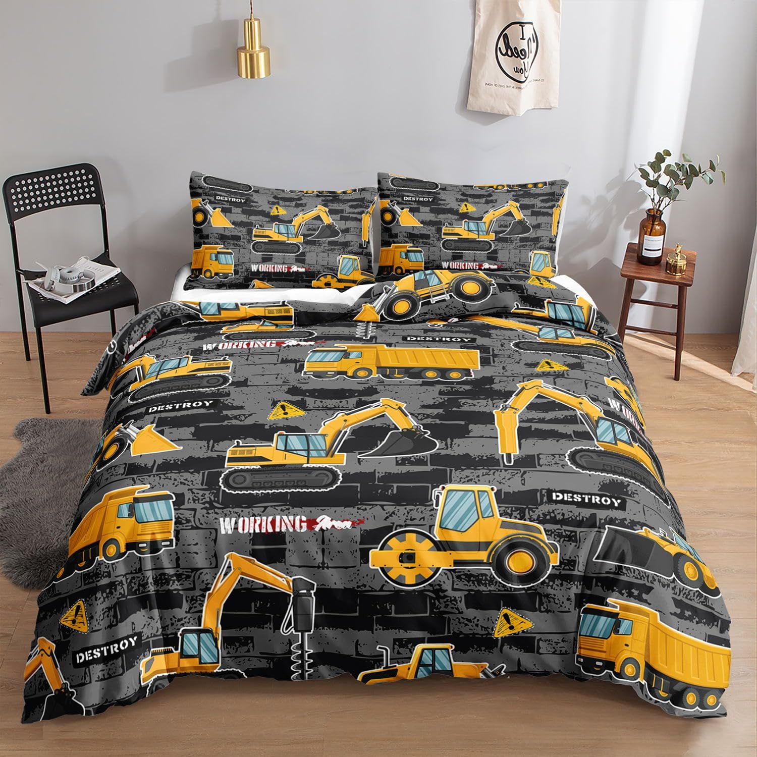 HOSIMA Truck Construction Lathe Duvet Cover Set Adult Boys Girls Cartoon Truck Construction Duvet Cover with 3 Pillow Cases Truck Construction3S