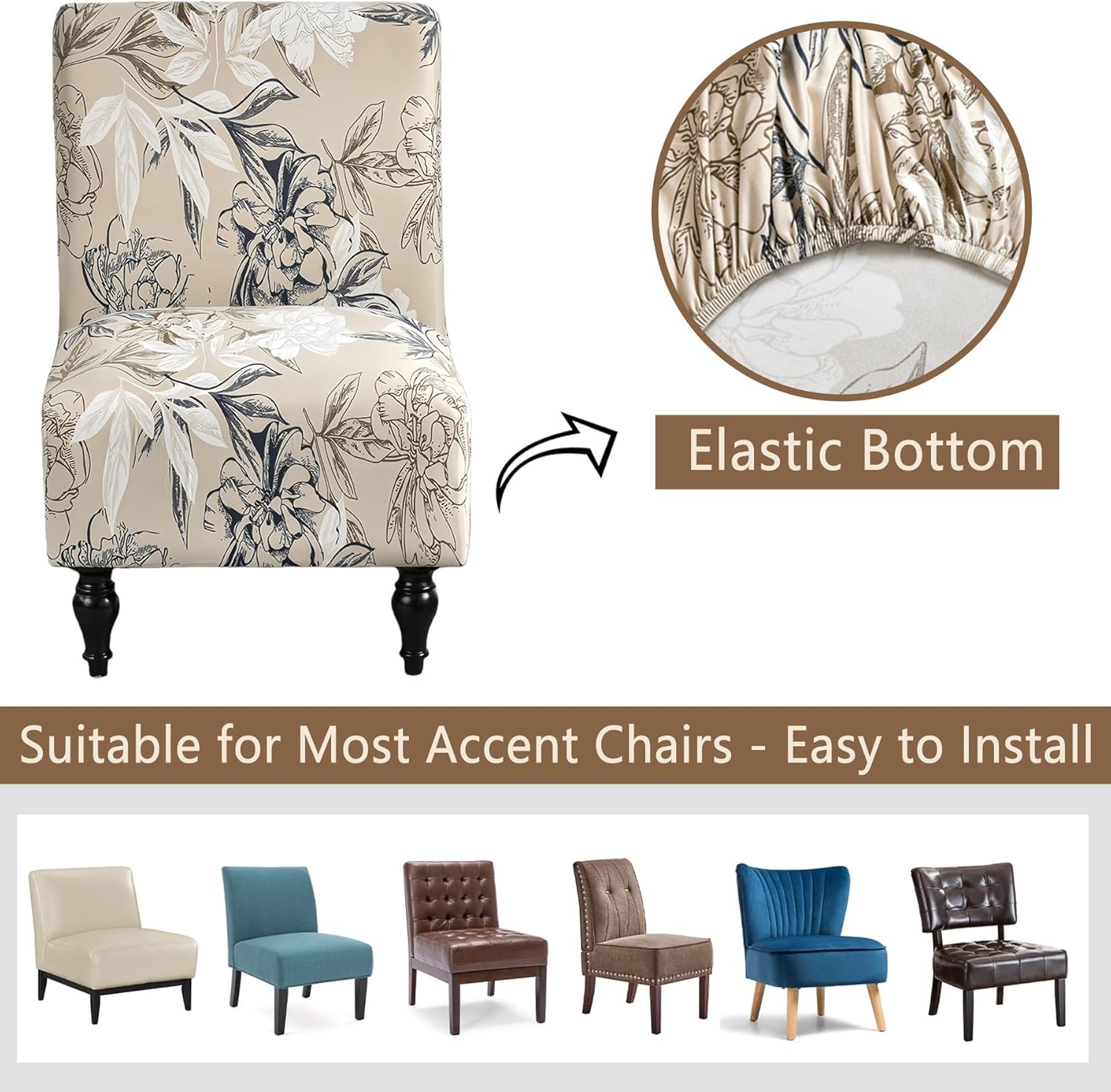 Armless Accent Chair Covers Stretch Spandex Printed Chair Slipcovers Removable Furniture Protector Covers for Living Dining Room Hotel (2 Pack, Blossom)