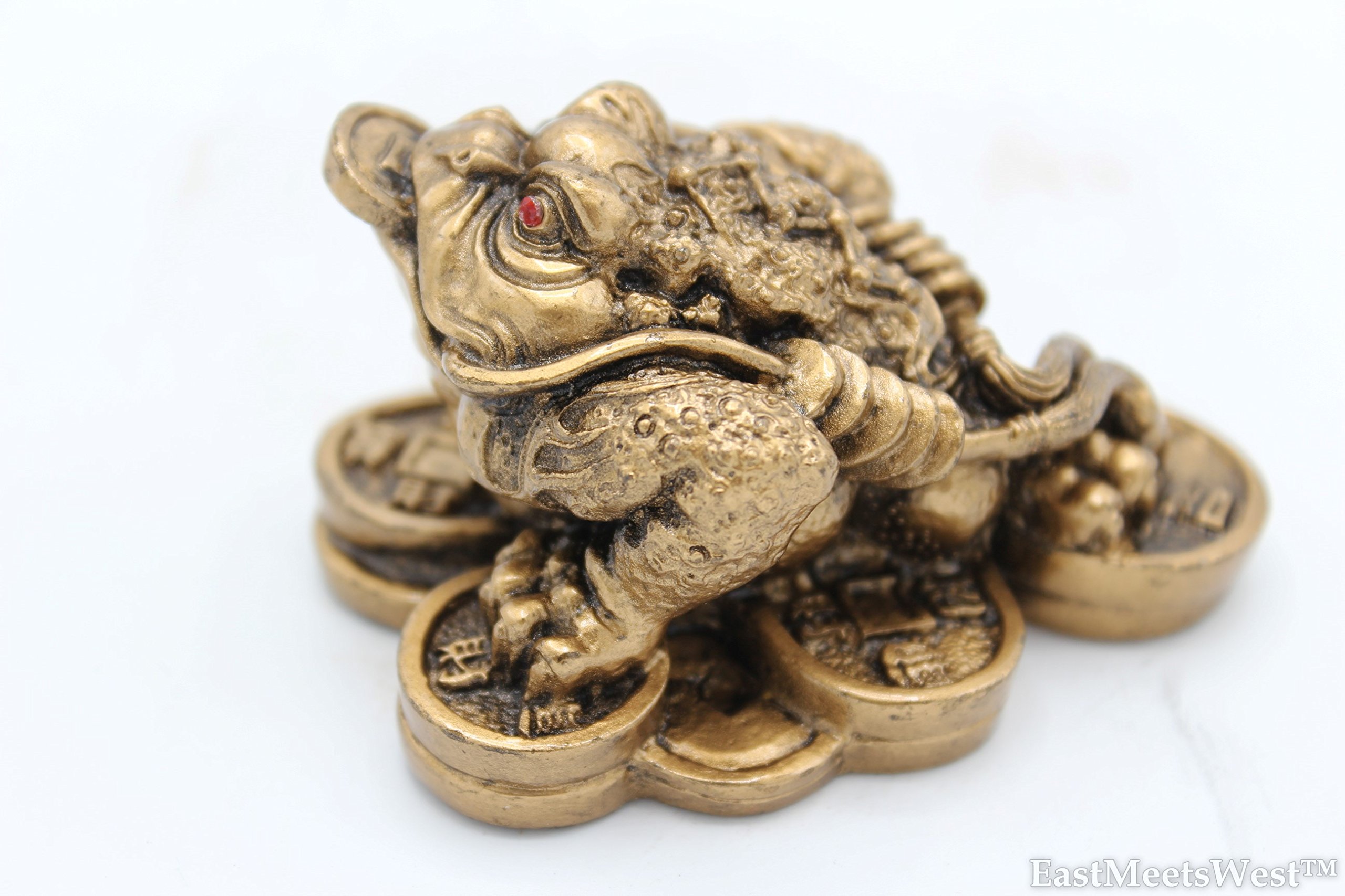 EastMeetsWest Mini Chinese Vintage Bronze Feng Shui Inviting Wealth Lucky Three Legged Money Frog Toad On Gold Coins