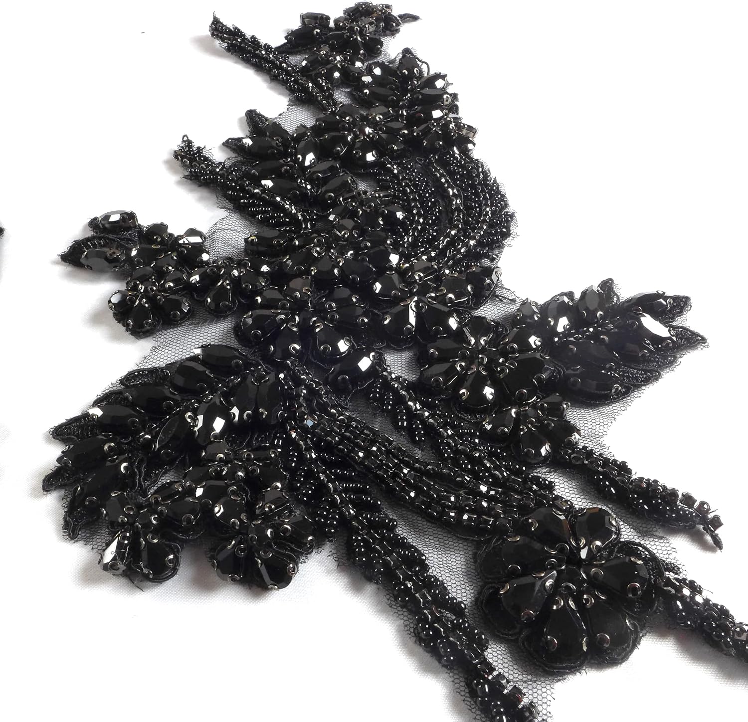 Hand-Made Beaded Rhinestons DIY Clothing Appliques Patch,Beaded Applique for Wedding Dress Decoration,Rose Gold/Pink/Silver/Red/Black Flower Applique by Pair (Black-B)