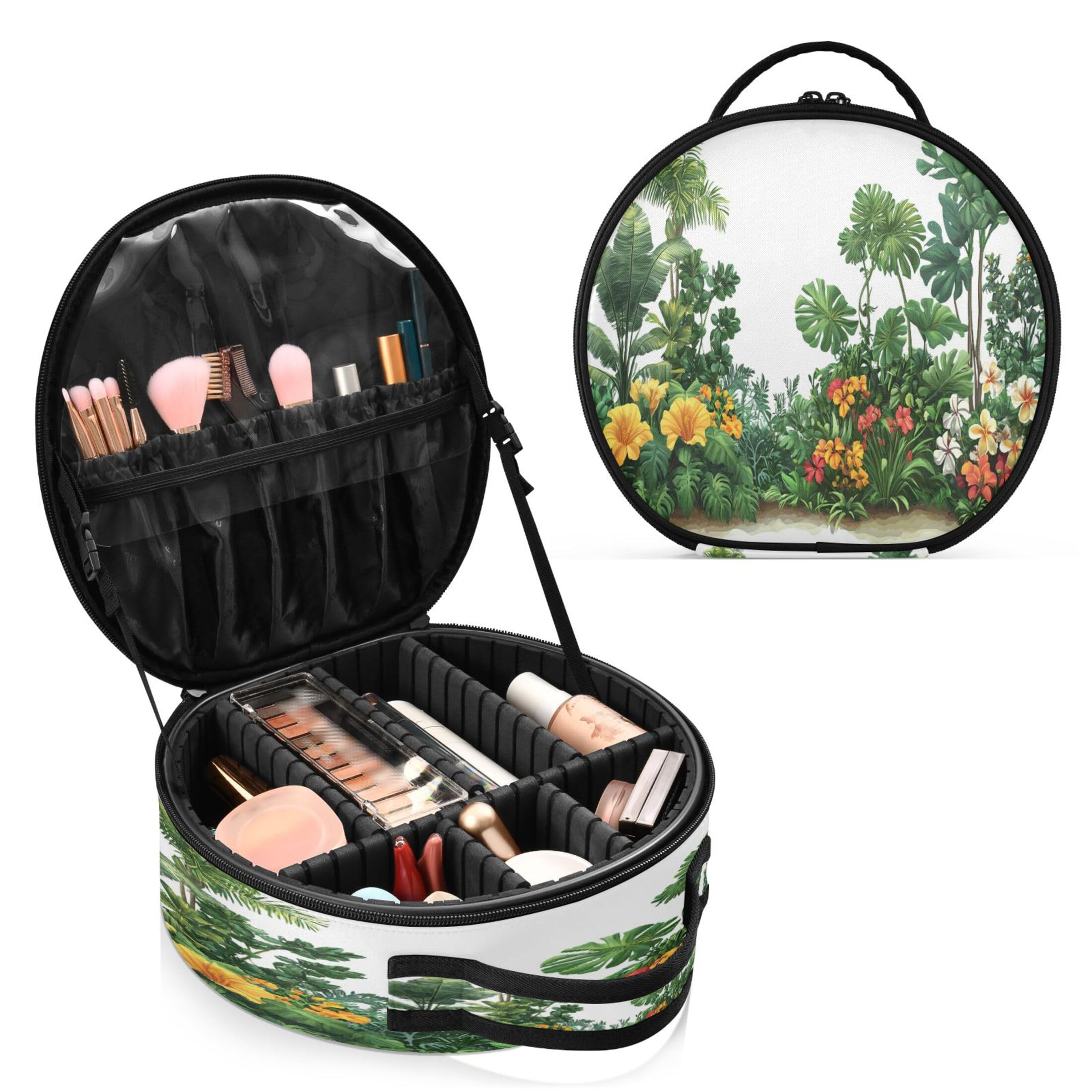 Takiito Tropical Plants Flowers Travel Makeup Case Portable Makeup Box Artist Cosmetic Case Organizer With Adjustable Dividers