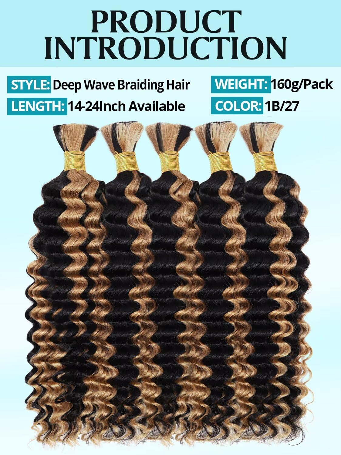 160g 5 Bundles/Pack Ombre Honey Blonde Human Braiding Hair for Boho Braids 24 Inch Curly Boho Hair for Braiding Knotless 12A Deep Wave Bulk Bohemian Color P1B/27