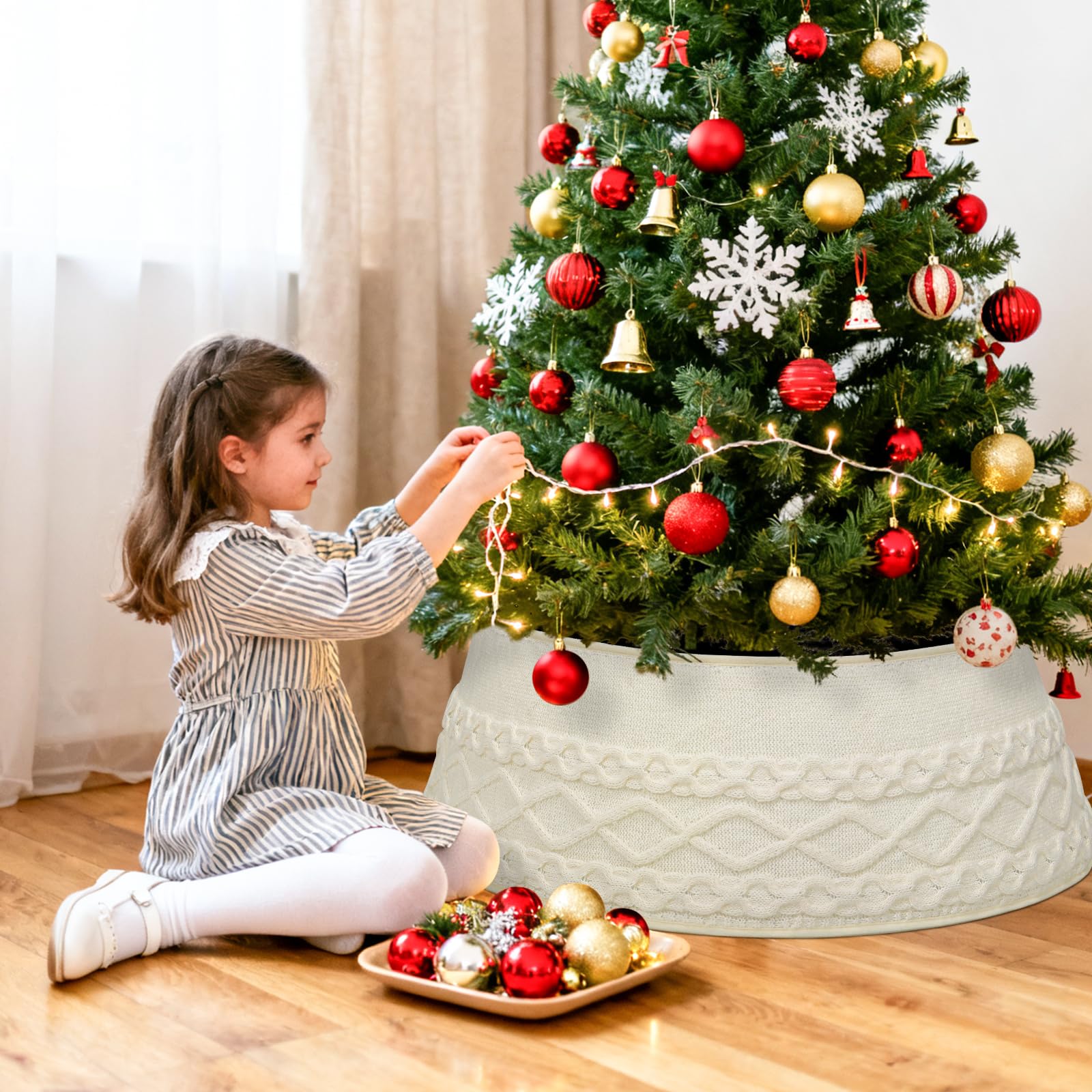 Betylifoy Gonne Albero di Natale Tridimensionale Lavorata a Maglia 71 cm Rotonda Decorazioni Albero di Natali, Base Alberi di Natali (Bianco)
