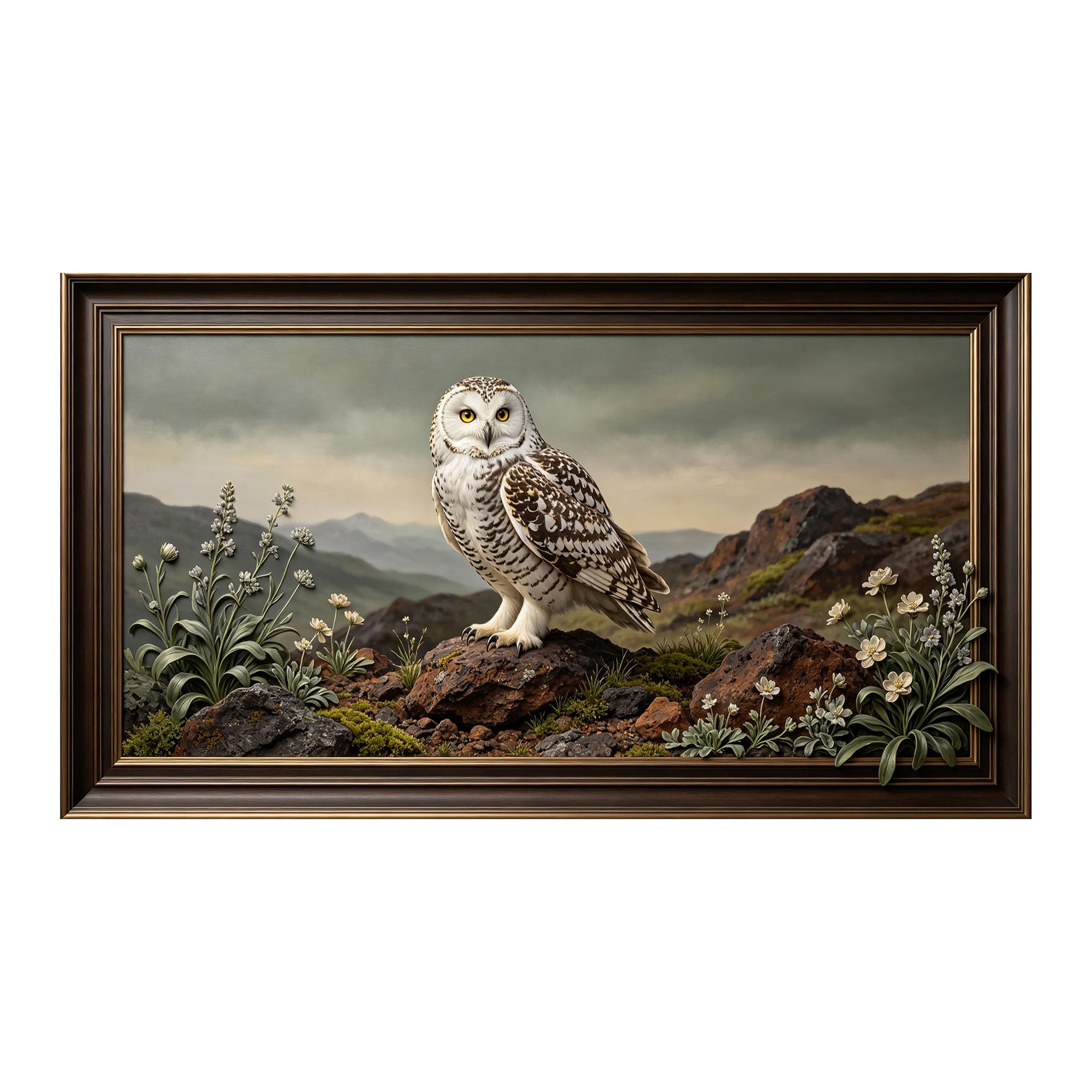 Murasolite 3D 3D Framed Wall Art 50cm×90cm Snowy Owl Mountain Landscape Oil Painting SelfAdhesive Fabric Mural Wall Decor, Peel and Stick No Damage to Wall for Bedroom Living Room