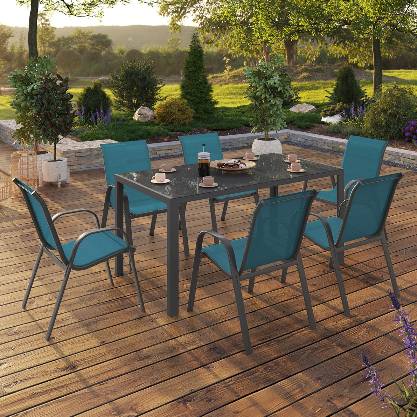 IDMarket - Salon de Jardin Madrid Table 150 CM et 6 chaises empilables Bleu Canard