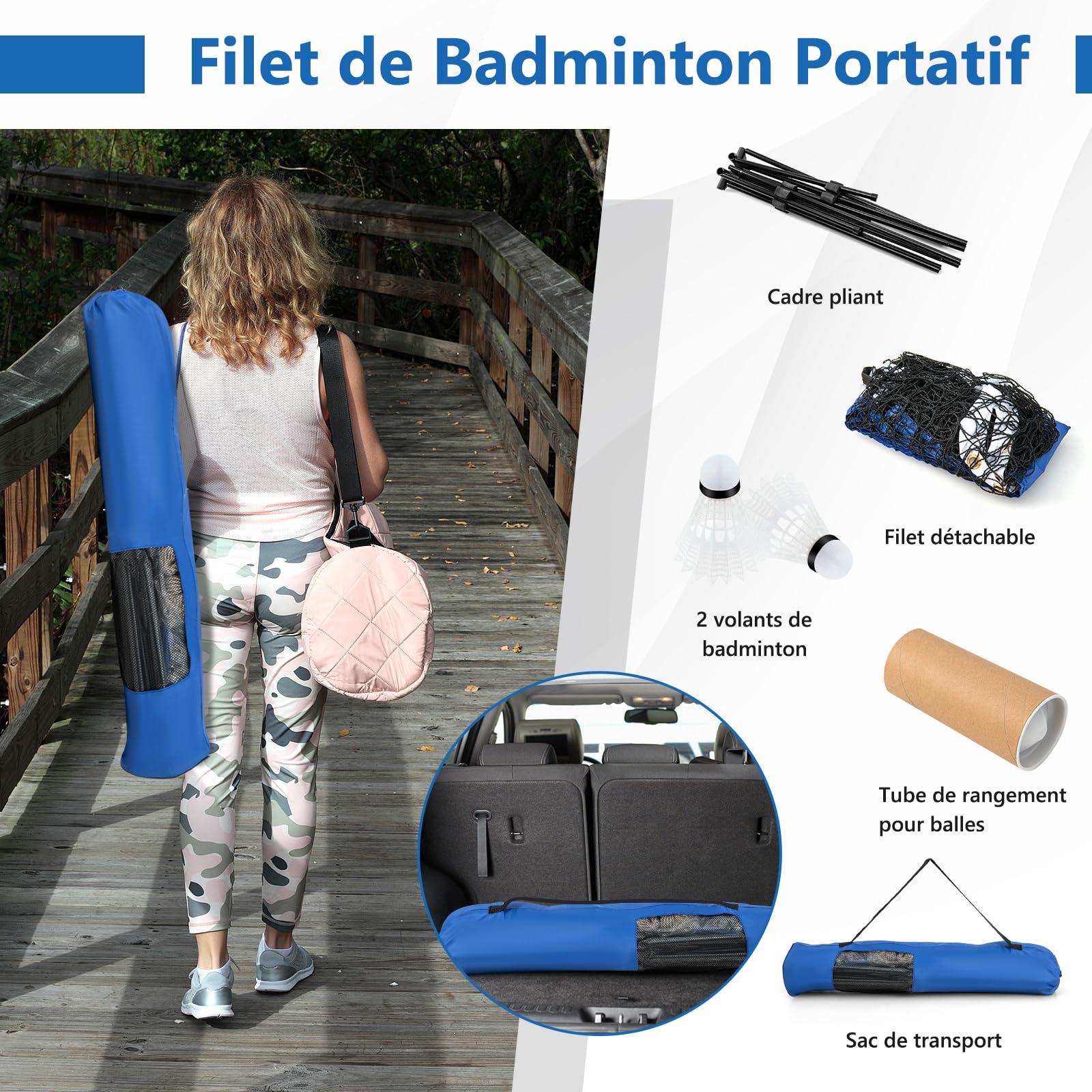 GOPLUS Filet de Badminton Portable, Filet de Tennis Réglable Hauteur avec Poteaux, Set de Filet de Pickleball avec Sac de Transport et 2 Bolants