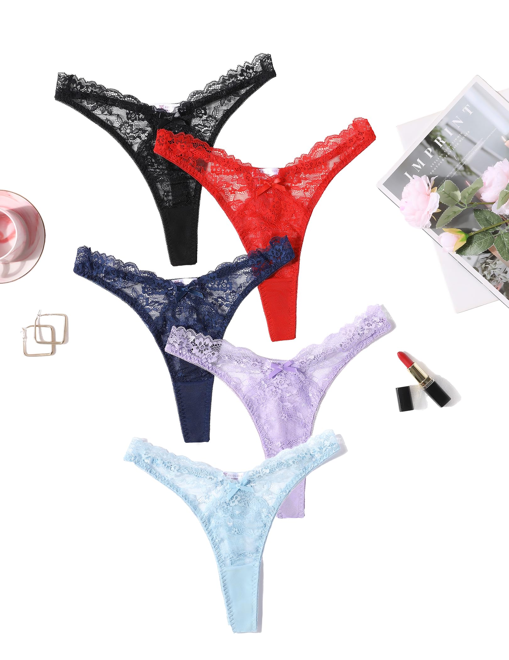 Avidlove String sexy en dentelle pour femme - String exotique - En forme de V - Tangas coquins avec nœud décoratif