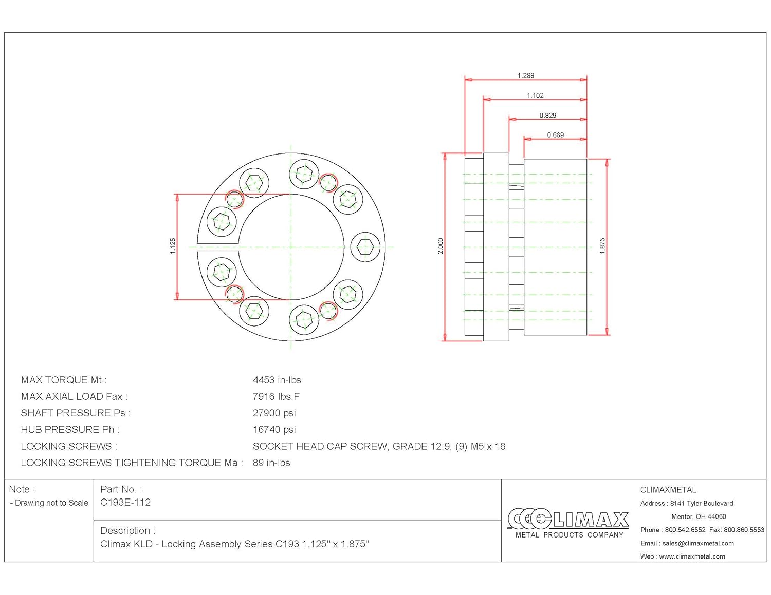 C193E-112 Series 193 Locking Assembly, Steel, 1.13" ID, 1.1" Width, 1-1/8" Shaft Diameter