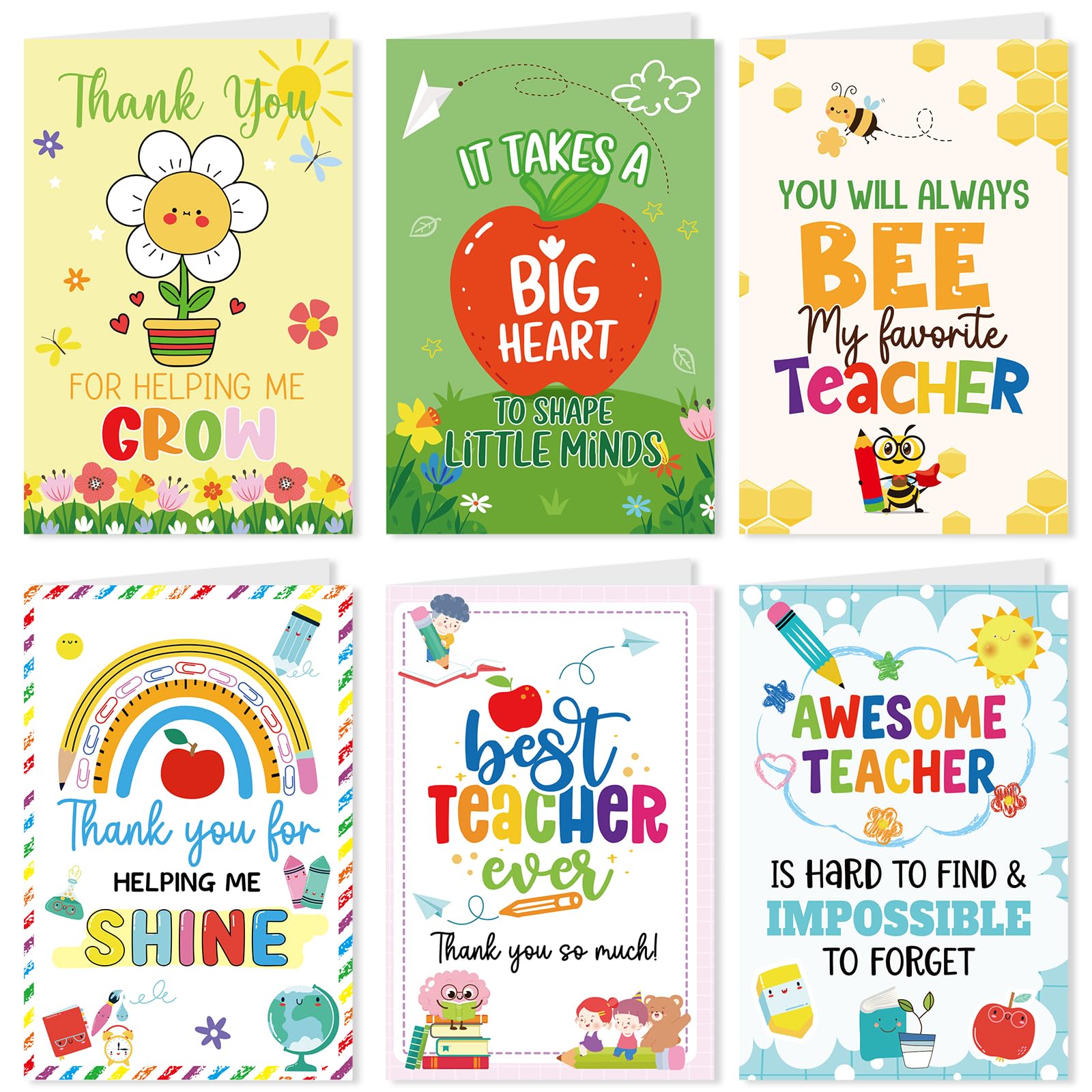 Luvart Thank You Teacher Cards - 24 Pack Teacher Appreciation Gifts with Greeting Cards Envelopes Stickers, Thankyou for School Staff Assistants Nurseries PTA Committees Colorful Figure Design