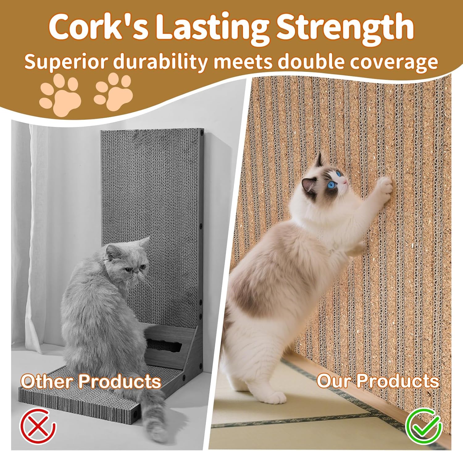 Natural Cork cat Scratch pad for Cats-cat Scratching Posts-cat scratchers for Indoor Cats-cat Scratcher Furniture for Wall & Floor - Natural Cork & Cardboard Blend, No Mess Splinters Easy Clean-2-Pack