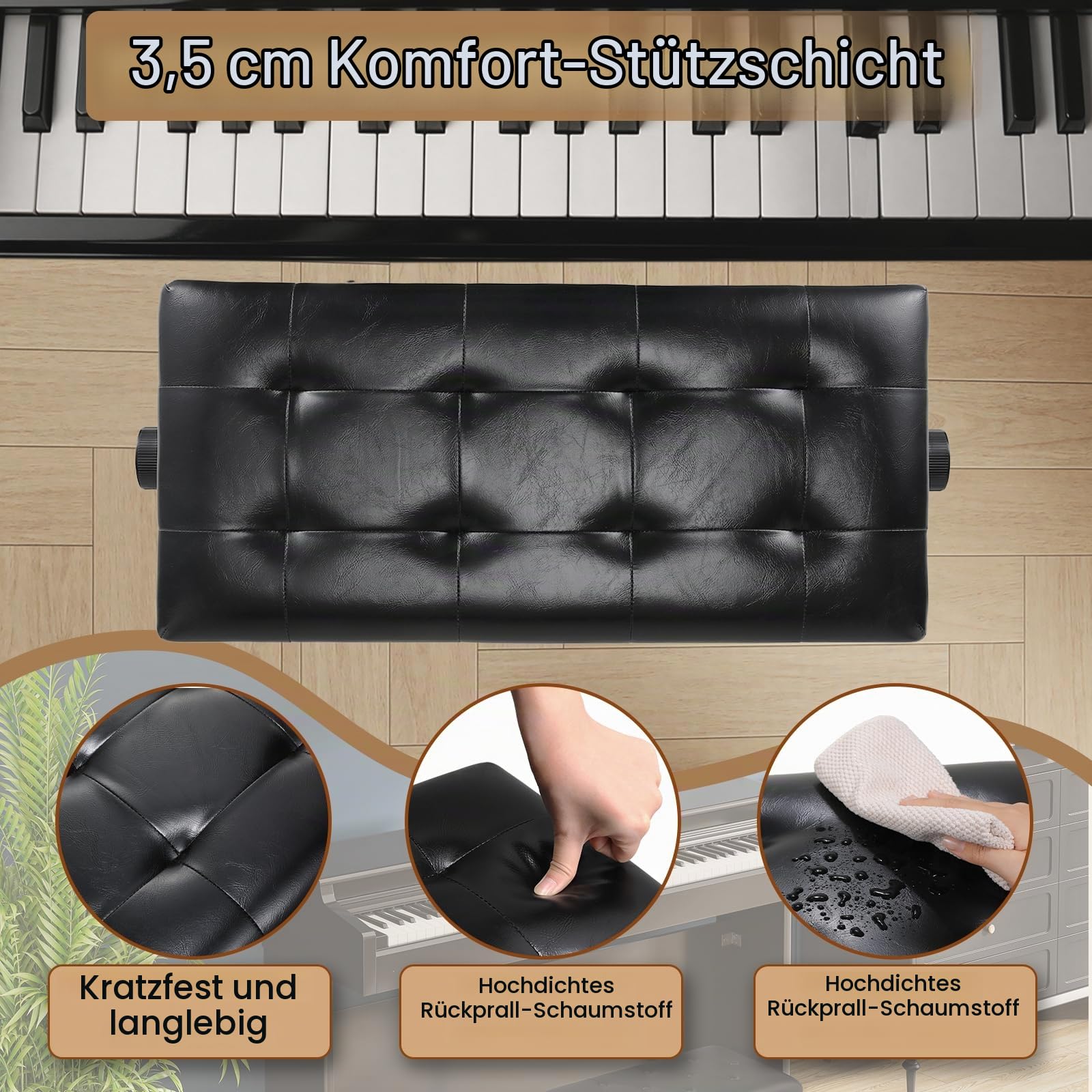 Clevich Klavierhocker Höhenverstellbar 48-58CM, Pianobank mit Stauraum 73× 34× 48cm, Klavierbank mit PU Lederkissen, Klavierstuhl Heavy Duty, Tastatur Piano Bench bis 200KG Belastbar, Schwarz