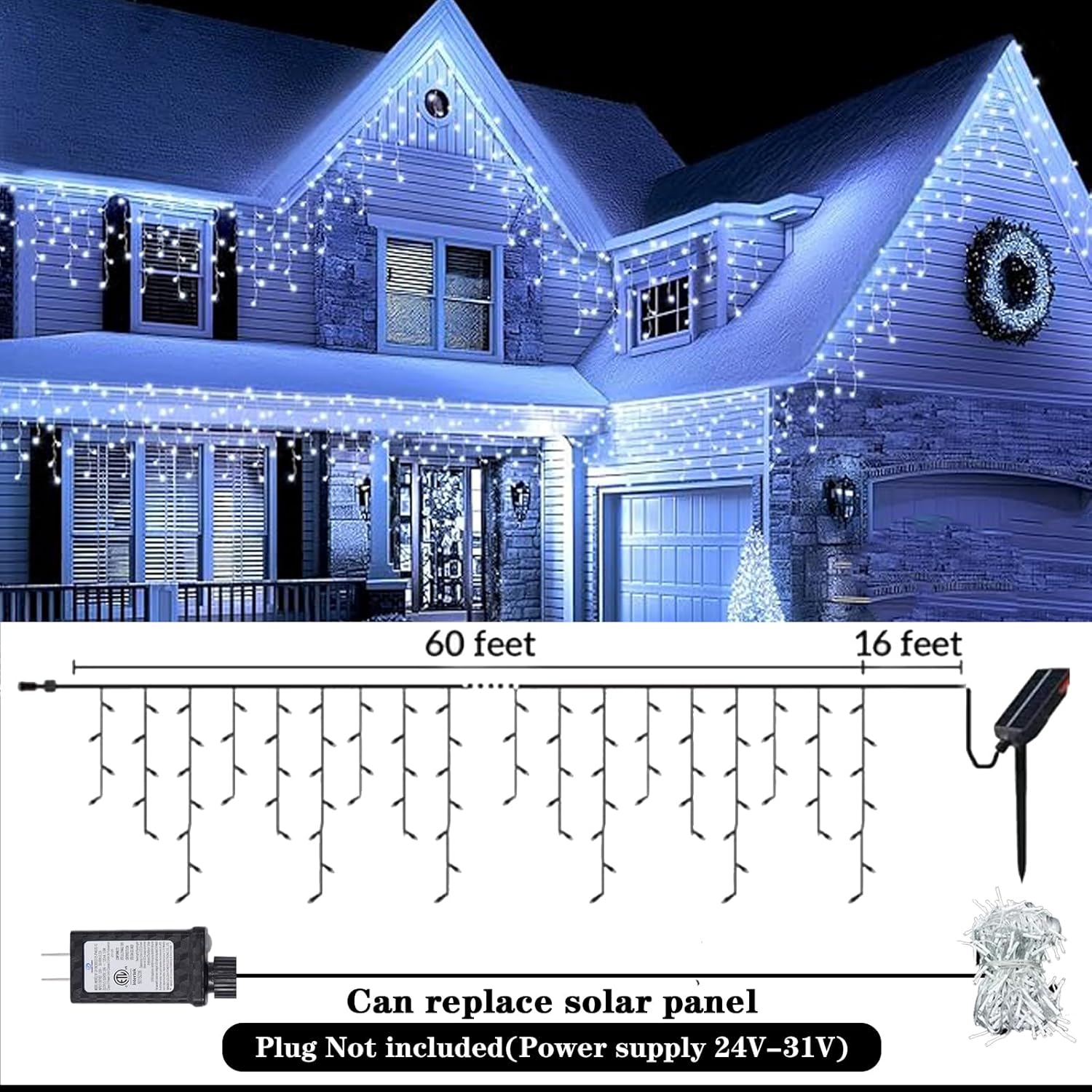 Upgraded 640LED Solar Christmas Icicle Lights Outdoor Waterproof,60+16FT 13 Modes & USB Rechargeable Solar Powered Icicle Light for Roof House Yard Christmas Outdoor Decoration (Cool White)