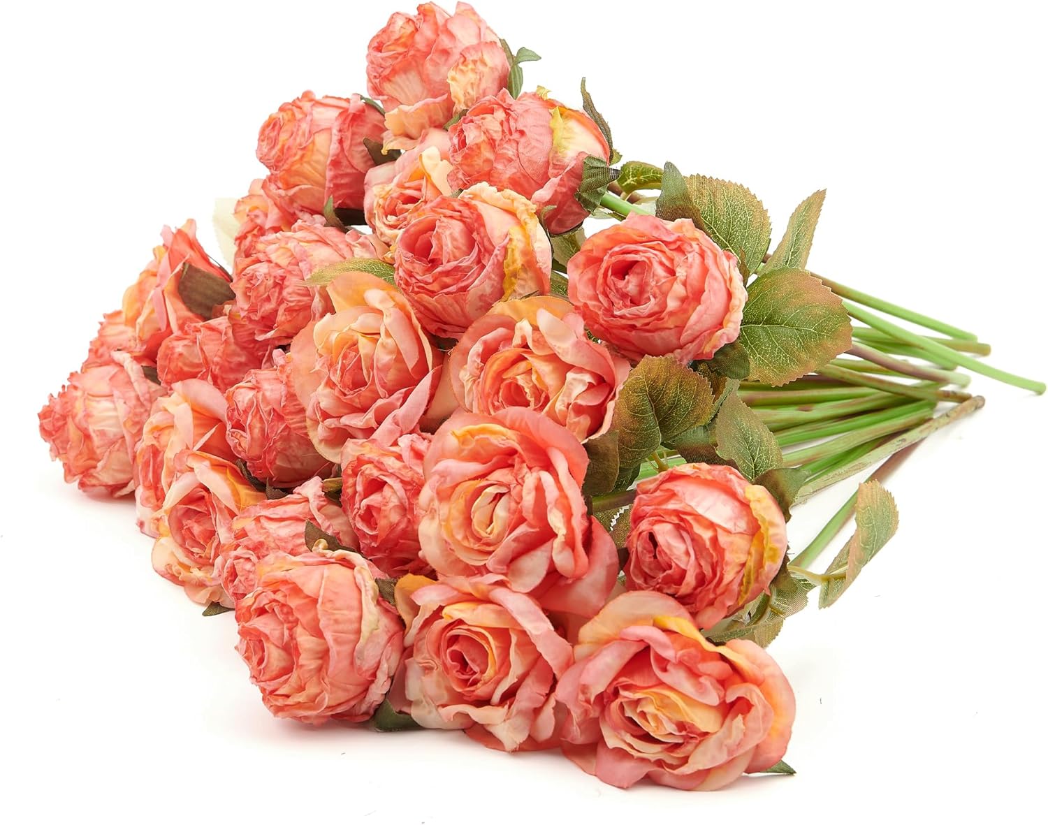 PONKING Rose Artificial Flower 28pcs Realistic Faux Silk Roses Fake Flowers Bouquets Arrangements Decor for Wedding Spring Mother's Day, Home Table Decorations, Orange Flower