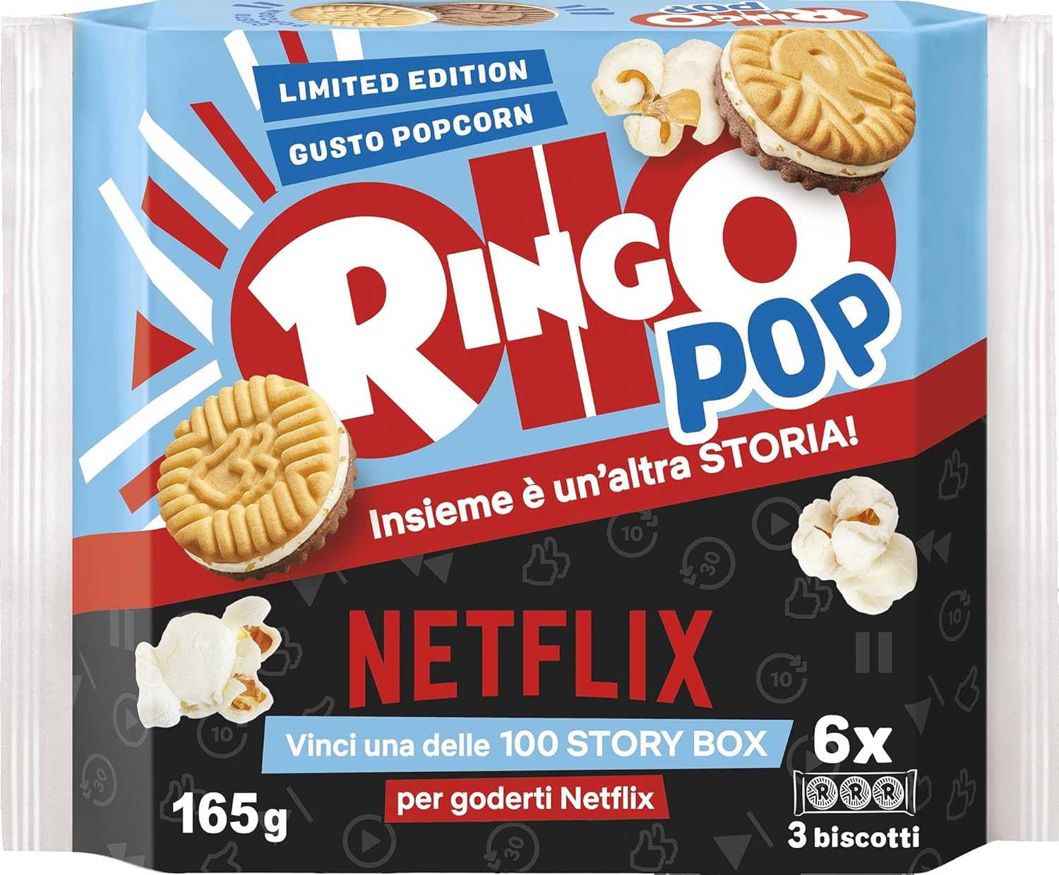 Pavesi Snack Ringo Pop Corn, Biscotti Farciti con Crema al Gusto di Pop Corn, Snack per Merenda o Pausa Studio, Confezione da 165g - Immagine 1