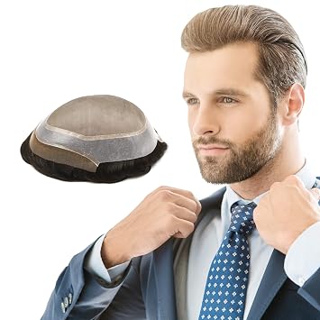 Superhairpieces Hairpiece Toupee for Men 6" Indian Remy Hair + 10% Grey Synthetic Hair 7"x9" Mono Silk Top, 1" Clear Poly Perimeter, 1" French Lace front Natural Black + 10% Grey Synthetic Hair
