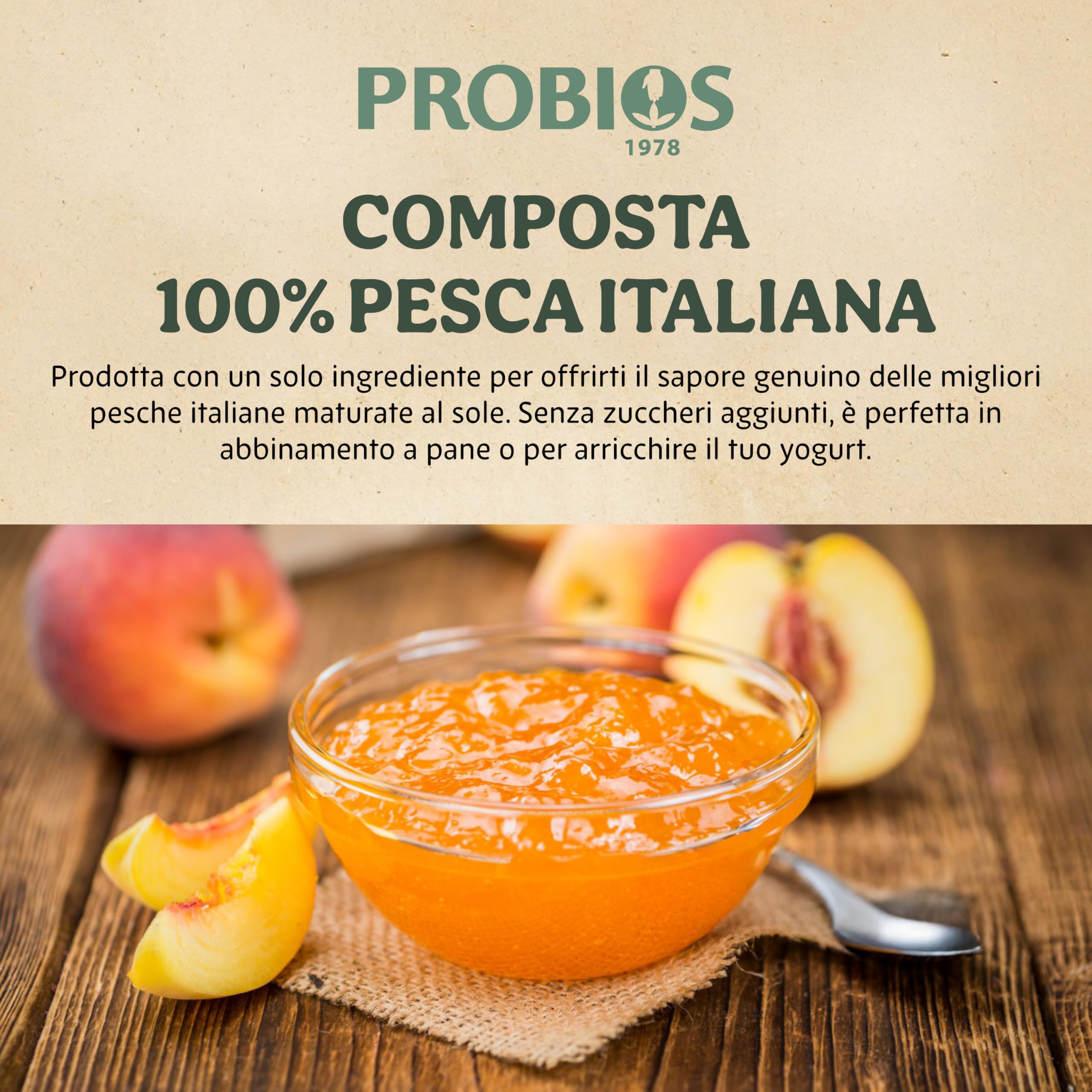 Probios Composta di Pesca Italiana Bio - Senza Glutine e Composta di Frutta Senza Zucchero - Dolcezza e Sapore Naturali - Confezione da 6 x 215 g