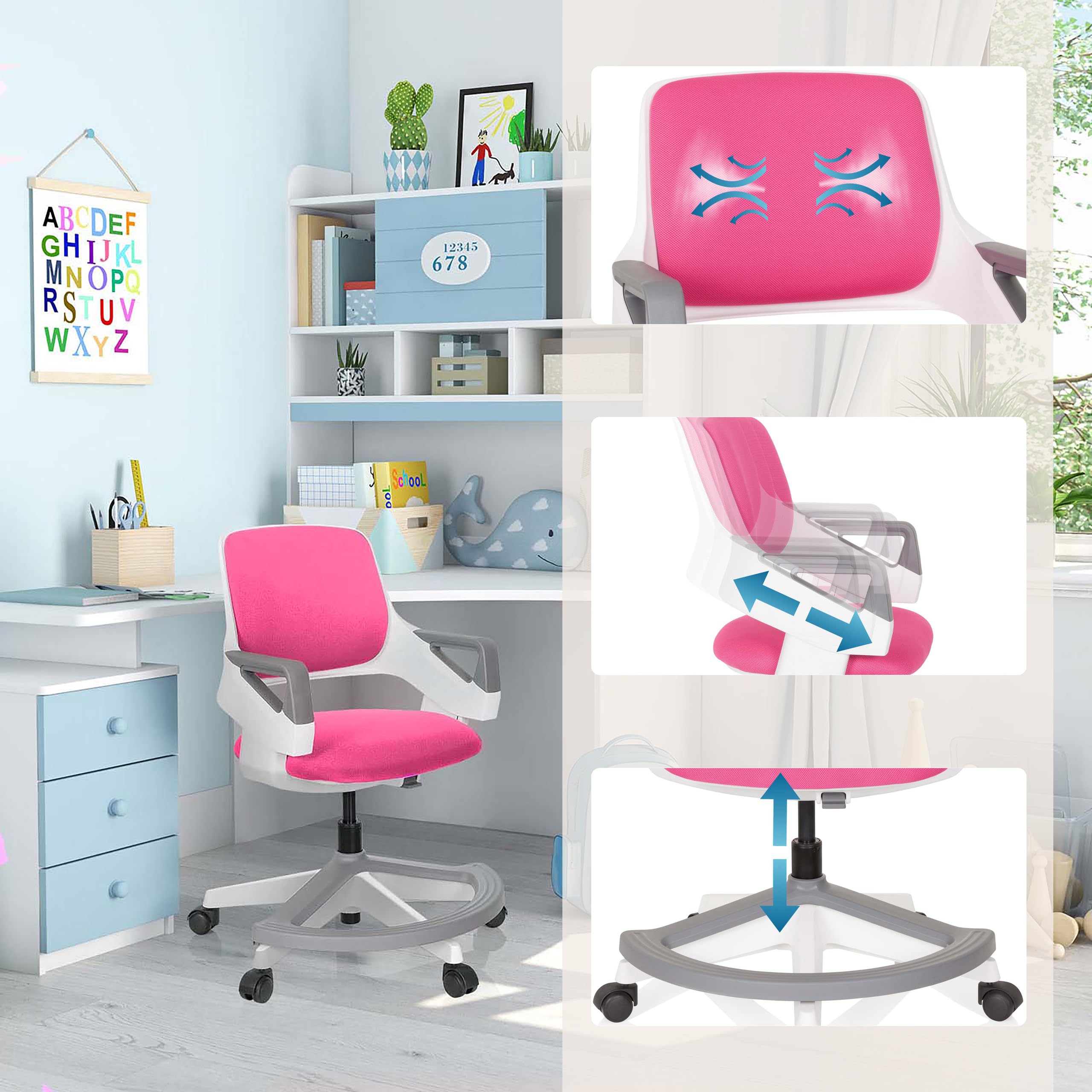 hjh OFFICE Kinder- & Jugendstuhl Kid Flex – Mitwachsender Drehstuhl mit Verstellbarer Rückenlehne, individuell anpassbar, 4–14 Jahre, Rosa