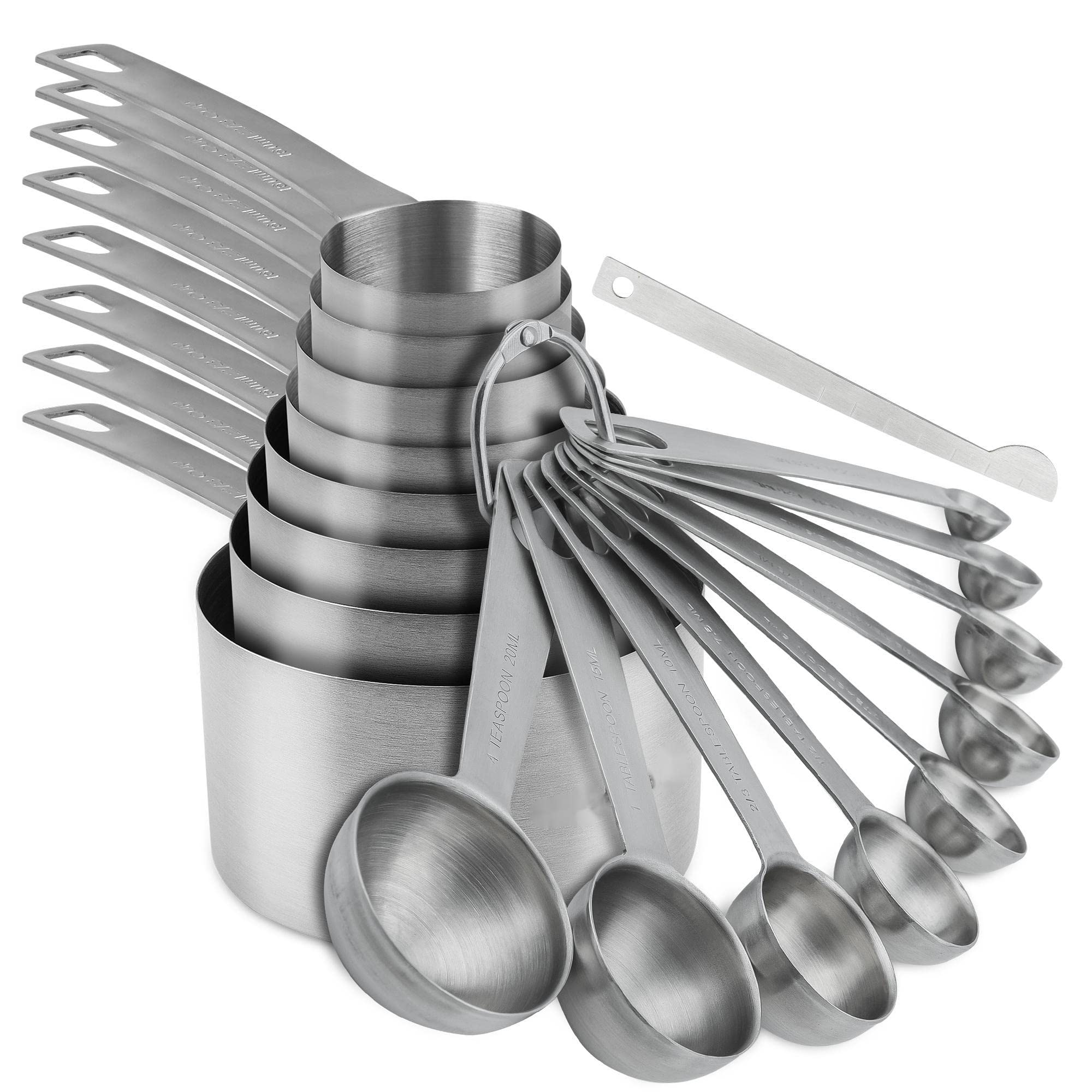 Lot de 18 tasses et cuillères à mesurer en acier inoxydable 18/8 avec niveleur, tasses et cuillères à mesurer métriques pour la cuisson