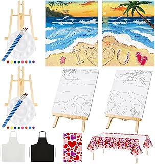 Yeaqee 13 Pcs Valentines Sip and Paint Kit for Couples Date Night Painting Kit Supplies Canvas Art Painting Set Pre Drawn Blank Stretch Canvas for Couple Adults Party(Beach,10 x 8 Inch)