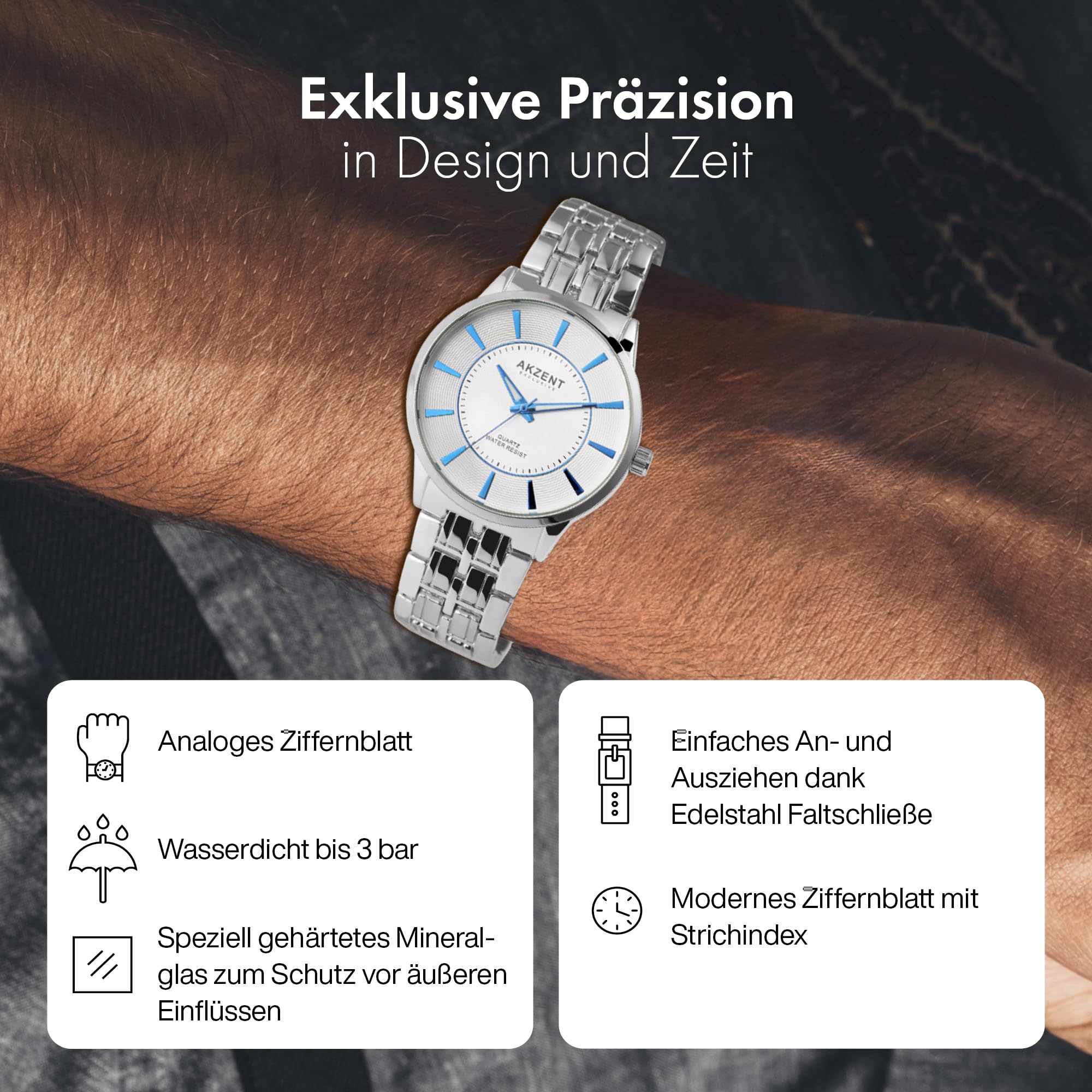 Akzent Orologio da Polso Donna, Bianco, Argento, Blu, Analogico, al Quarzo, in Metallo
