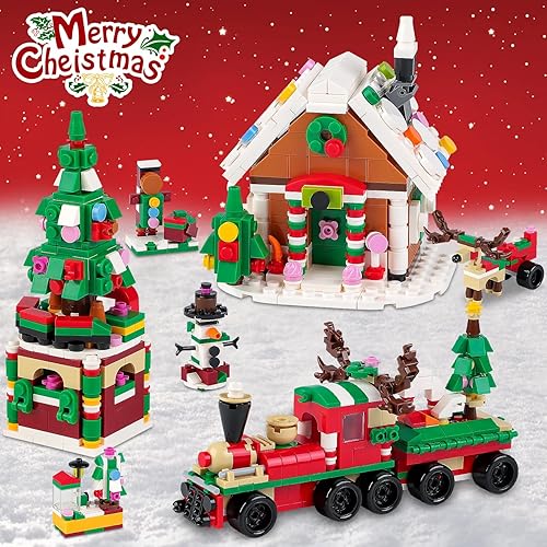 Miniatura 2 de PinkBee Casa de pan de jengibre de Navidad 2023 Mini árbol de Navidad, juego de bloques de construcción de tren creativo 21 en 1, kit de juguetes de