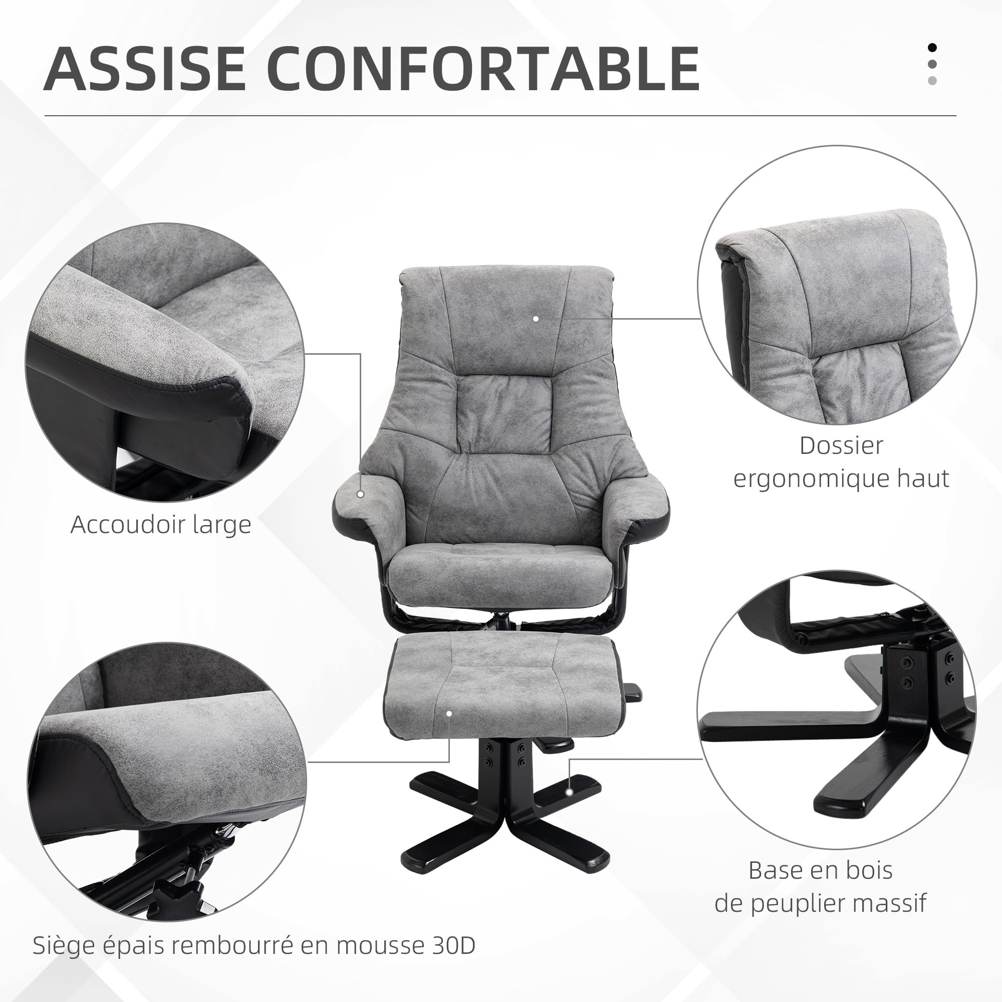 HOMCOM Fauteuil Relax Fauteuil de Relaxation inclinable 135° avec Repose-Pieds pivotant 360° revêtement Microfibre Pieds en Bois Massif Assise épais rembourrée Gris