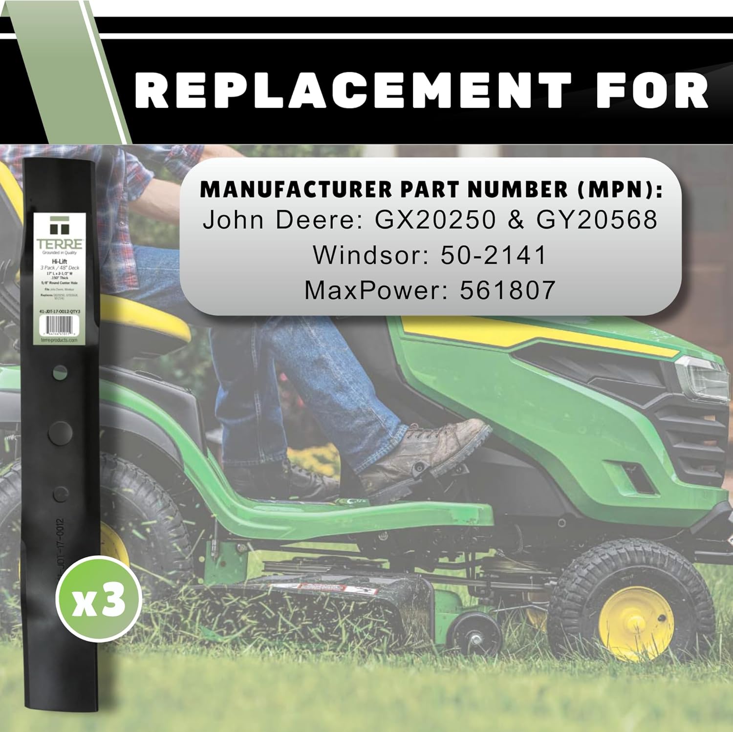 Terre Products, 3 Pack High Lift Lawn Mower Blades, 48 Inch Deck, Compatible with John Deere L120, L130, L2048, L2548, 1948, 2048, 2148, Scotts L2048, Replacement for John Deere GX20250, GY20568