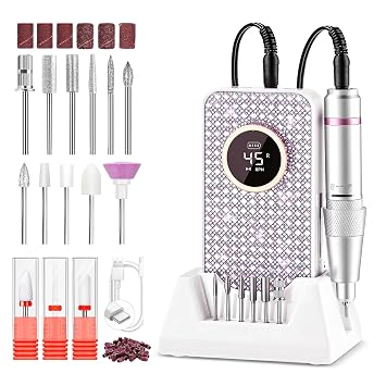 Professional Nail Drill Kit 45000RPM, Portable Electric Nail File with 14PCS Bits & Base for Acrylic Nails Gel Polish Manicure, Rechargeable Drill Nails Machine for Home and Salon, Diamond