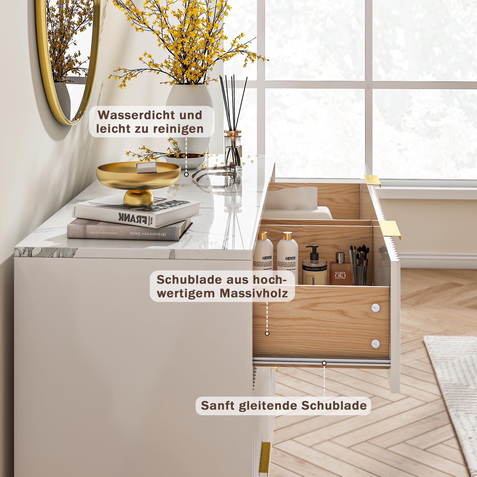 Kommode mit 6 Schubladen aus Massivholz, Moderne Komodenschrank 100 cm Breit aus Gerilltem, Chest of Drawers mit Goldenen Griffen, Schrank mit Marmorimitat für den Flur (Weiß)