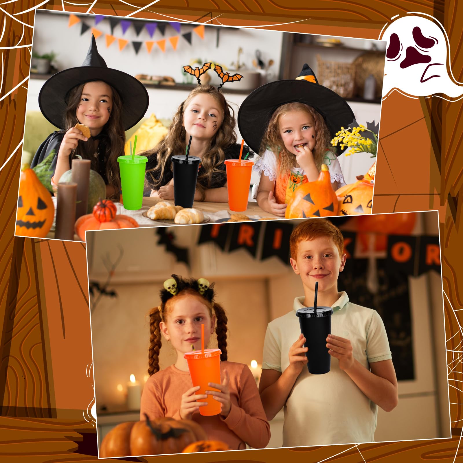 Whaline 12 bicchieri di plastica per Halloween, con coperchio, cannucce riutilizzabili, 3 colori, per caffè, bevande, bevande, feste, 680,4 g