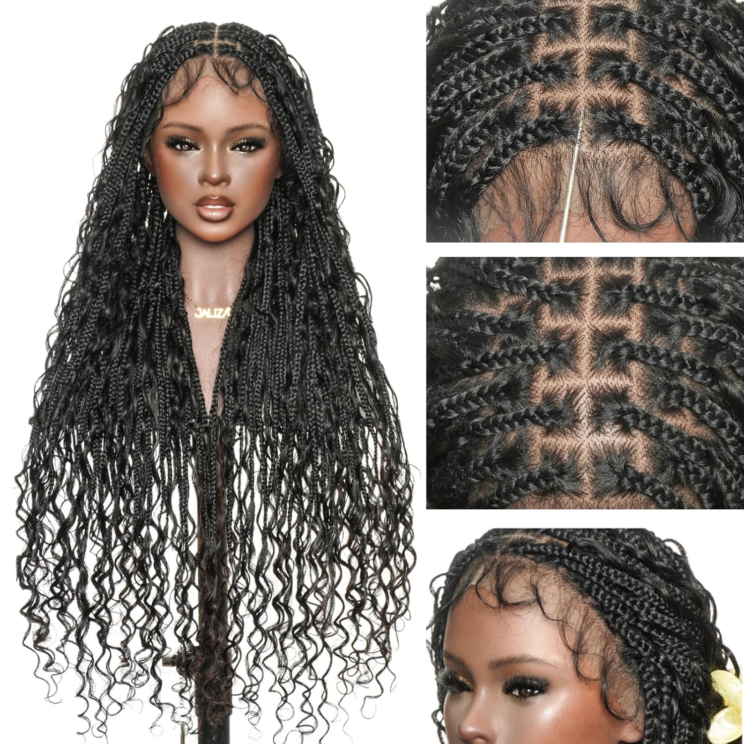 Mila Full Lace Bohemia Braided Wigs - 34" Human Hair Boho Curls and Synthetic Braids, Hand-Tied Full Lace, Knotless, Natural Scalp, Pre-Plucked - Black 1B