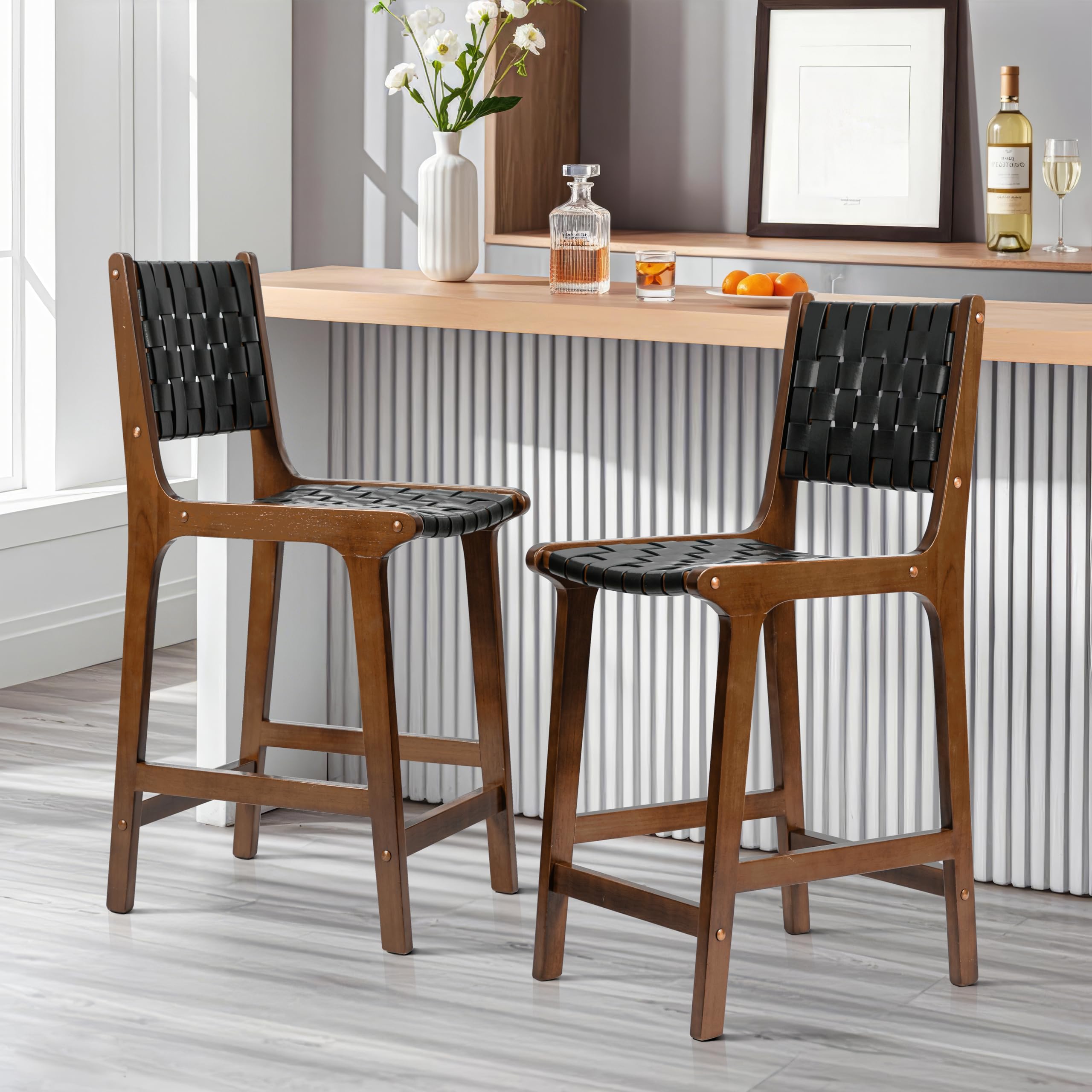CangLong 24 Inch Counter Stool Barstool with Faux Leather Straps, Set of 2, Black