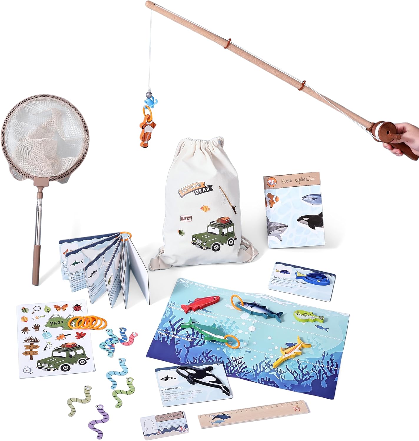 Wooden Kids Fishing Toy Set Pretend Fishing Game Learning Cards Scene Map No Water Needed Wood Rod 8 Fish and Bait Net Storage Bag Kids 3-6 Indoor Outdoor Travel Play