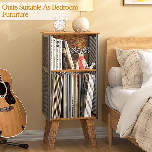 Miniatura 7 de Soporte para tocadiscos con almacenamiento, soporte de vinilo para almacenar hasta 100 álbumes, mesa de tocadiscos con divisor ajustable, soporte de