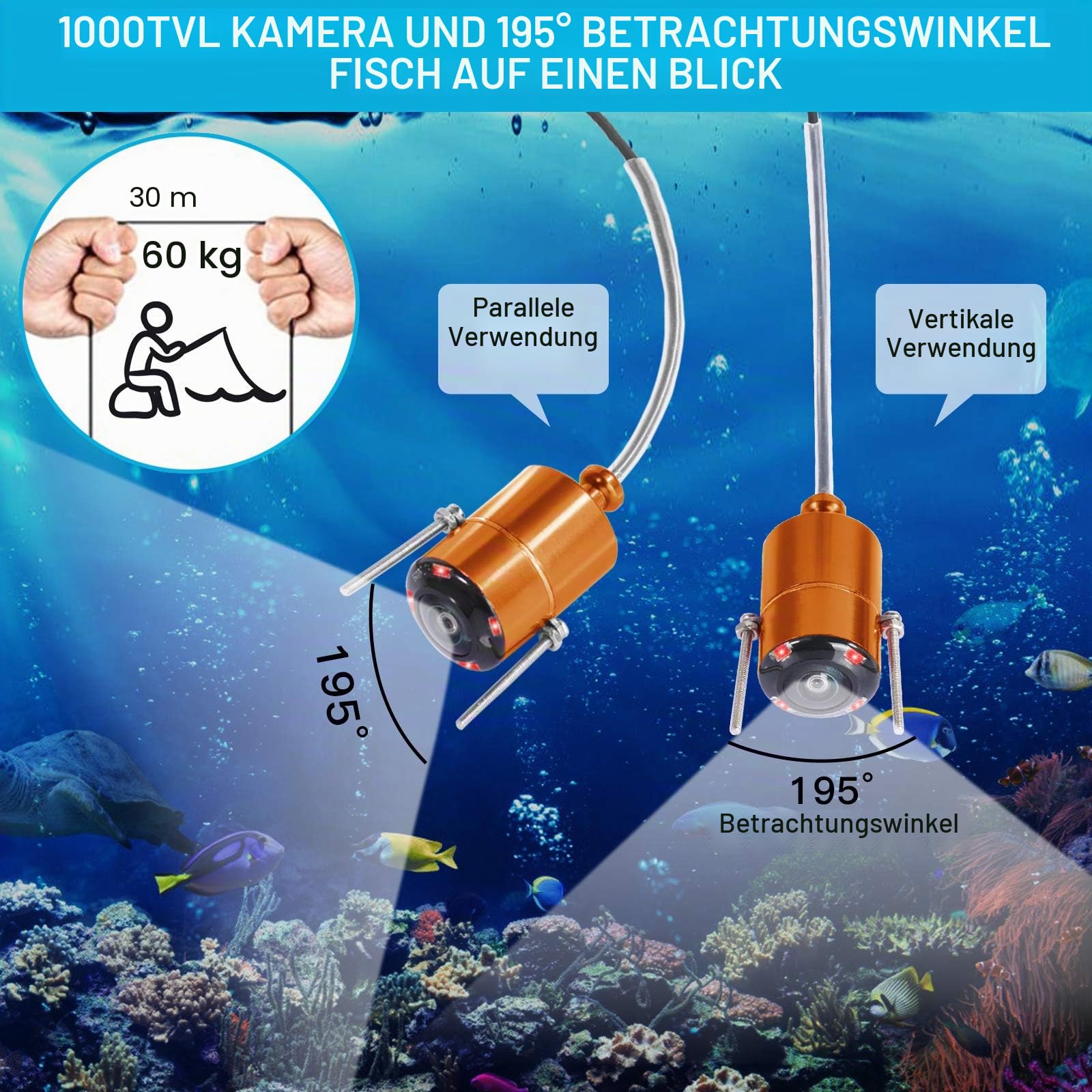 Fish Finder Kamera Unterwasser-Angelkamera mit 4,3 Zoll IPS Display für Eis, Fluss und Boot