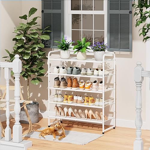 Miniatura 5 de SUFAUY Zapatero de 5 niveles, estante apilable para zapatos, organizador de almacenamiento para armario de entrada, malla metálica, color blanco